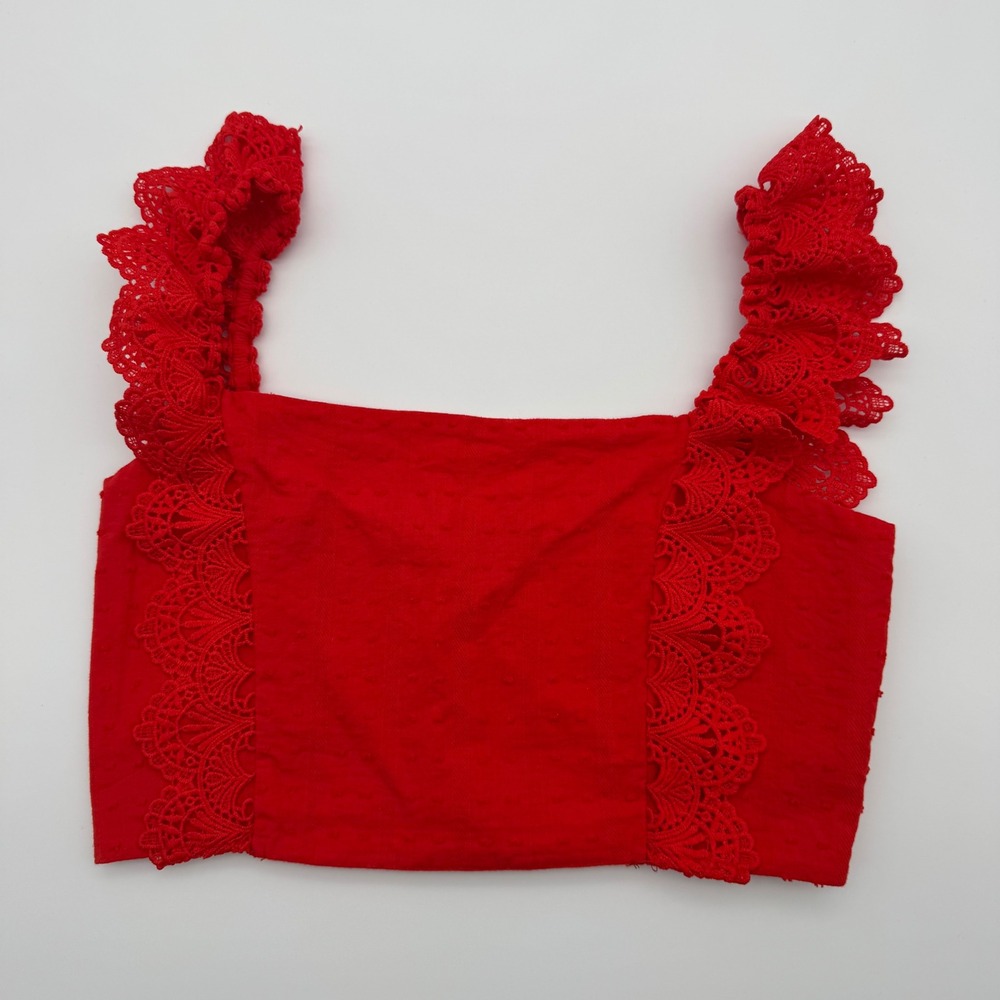 Fashion On Earth Red Swiss Dot‎ Lace Trim Smocked Crop Top Womens Medium